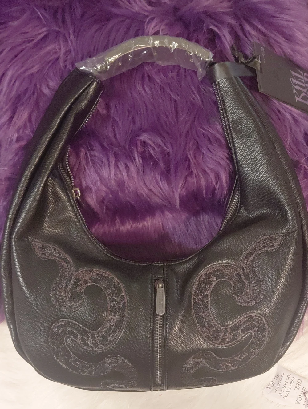 KILLSTAR Black Hobo Bag with Embroidered Snake Motif